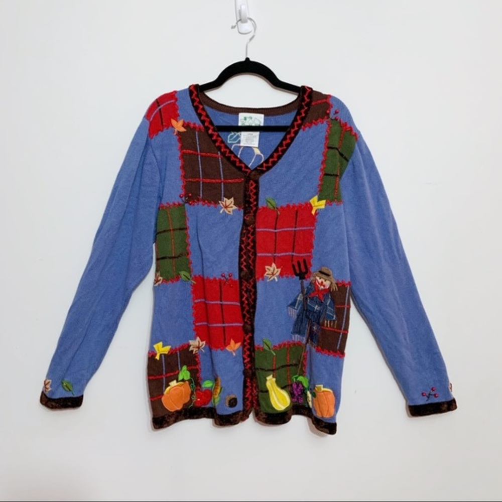 Quacker Factory L Fall Cardigan Scarecrow Pumpkin Grandmacore Art to Wear